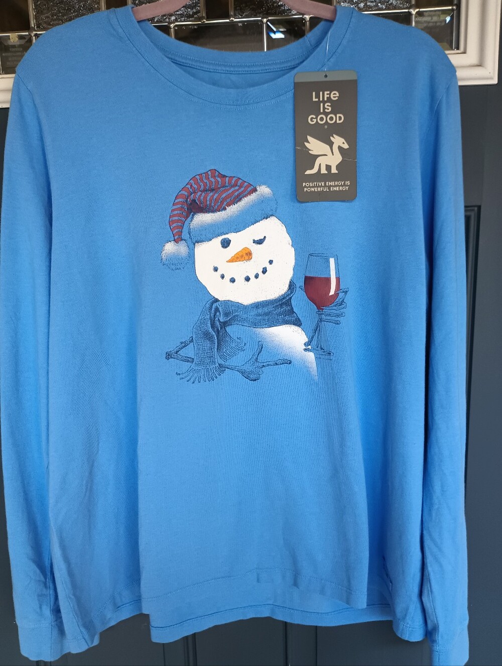 NWT Life Is Good Snowman With Red Wine Long Sleeve Shirt Sz XL Festive Winter